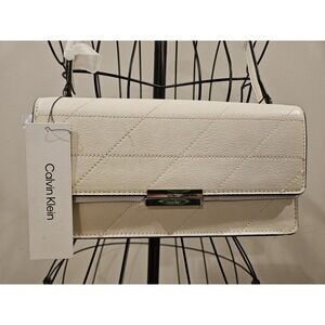 Calvin Klein White Cream Quilted Leather Shoulder Bag Magnetic Purse NWT